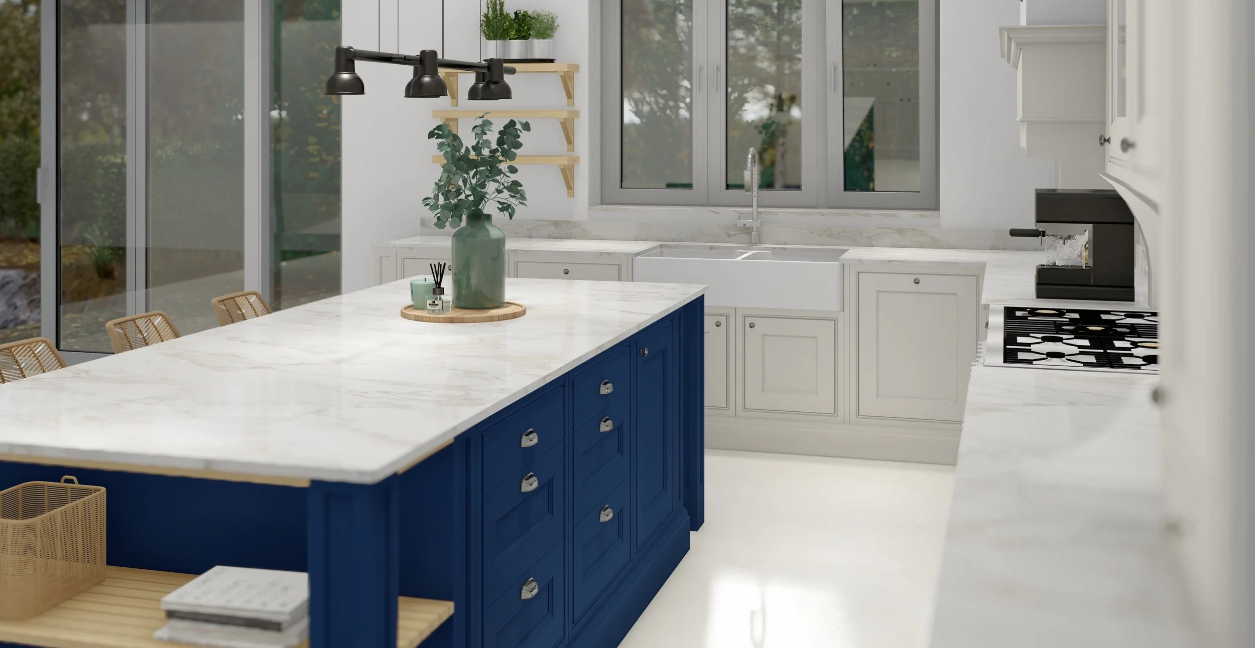 Látványterv törtfehér keretszerkezetű konyhához, quartz munkalappal.  Baal Design