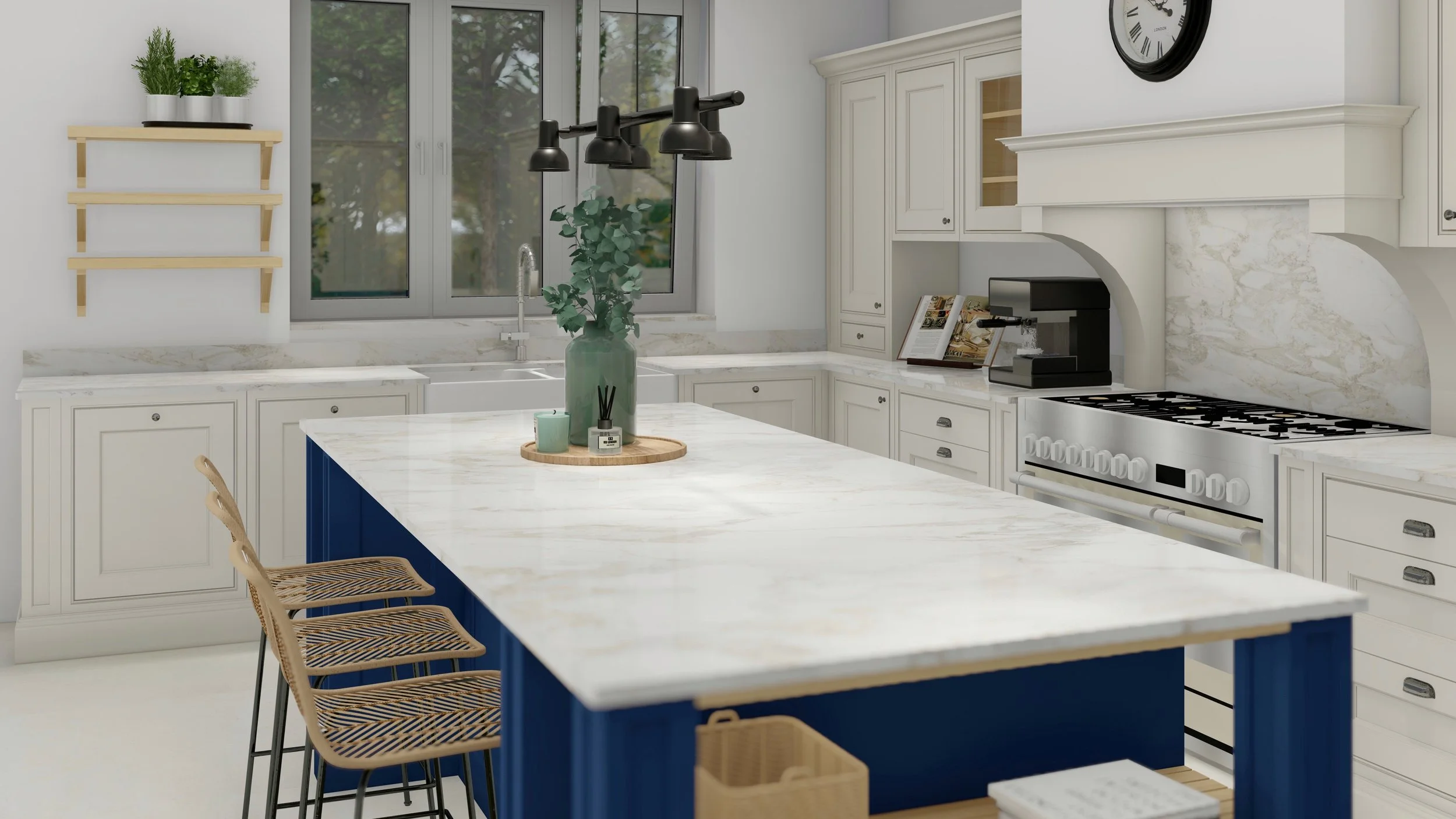 Látványterv törtfehér keretszerkezetű konyhához, quartz munkalappal.  Baal Design