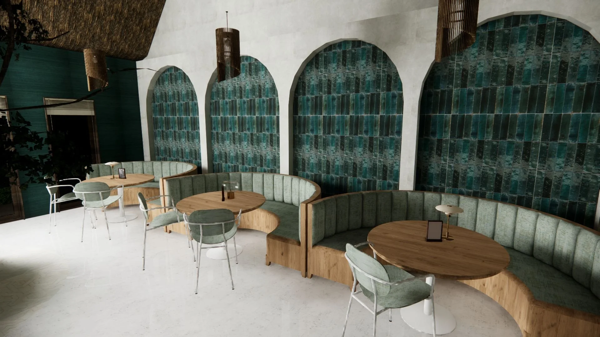 Interior view of a modern cafe with green cushioned booths, round wooden tables, and light green chairs, with blue tile wall accents and hanging pendant lights.