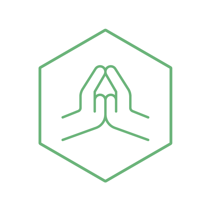 Minimalist green line drawing of praying hands inside a hexagon outline.