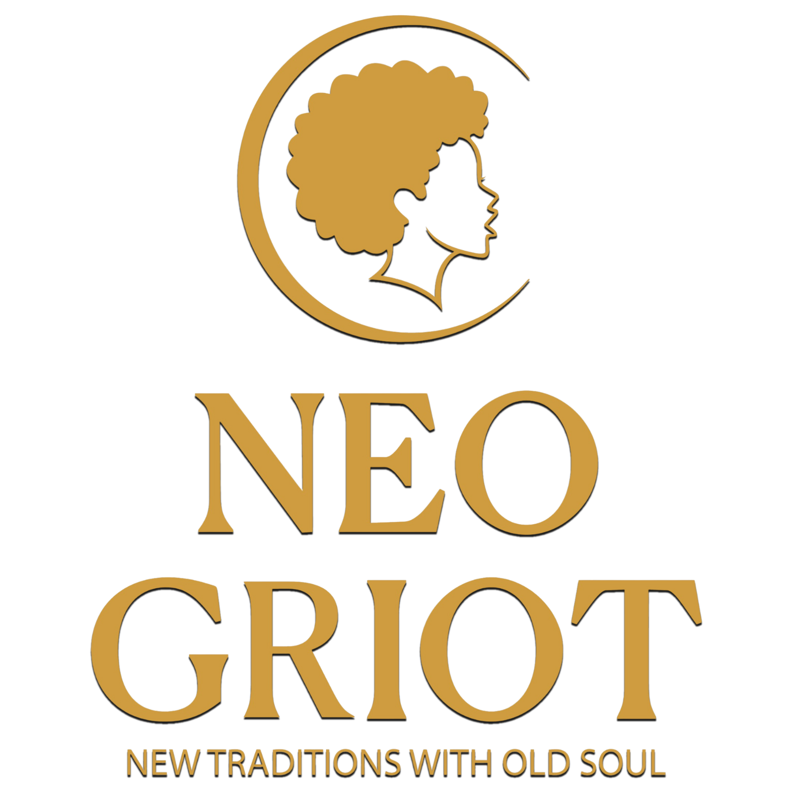 Logo featuring a profile of a woman with curly hair inside a circle, with the words "NEO GRIOT" in large gold letters and the subtitle "New Traditions with Old Soul" beneath.