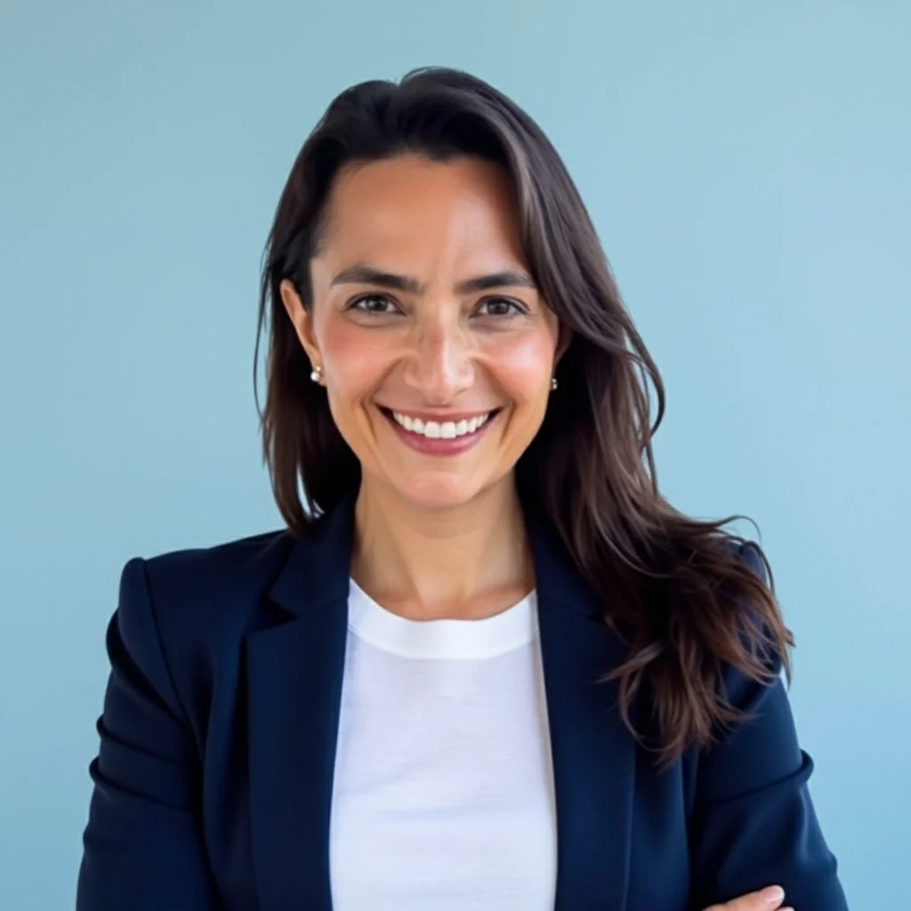 A woman with long dark hair wearing a navy blazer and white shirt smiling against a light blue background.