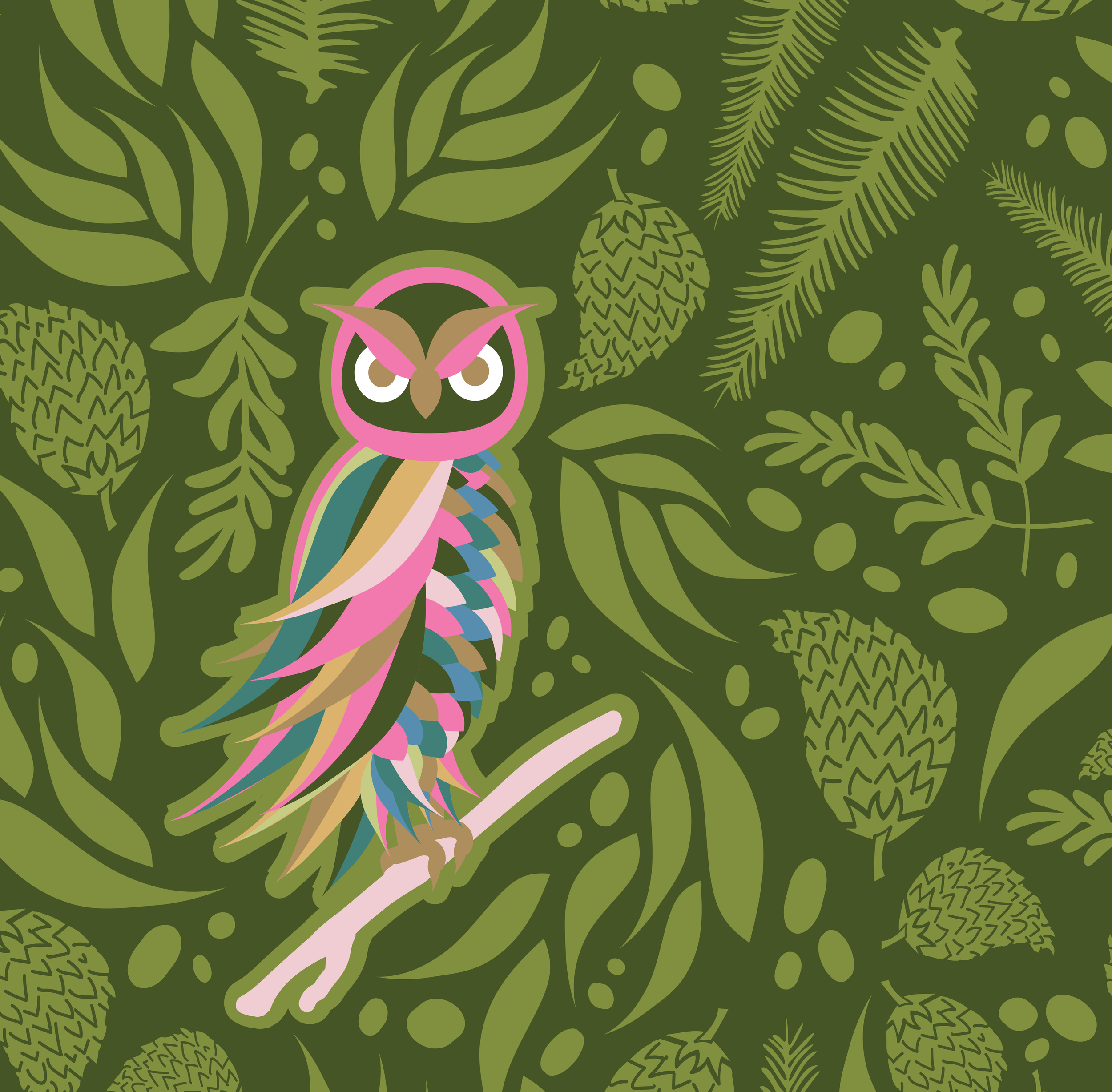 Digital illustration of an owl with colorful, layered feathers sitting on a white branch, surrounded by pinecones and green foliage on a dark green background.