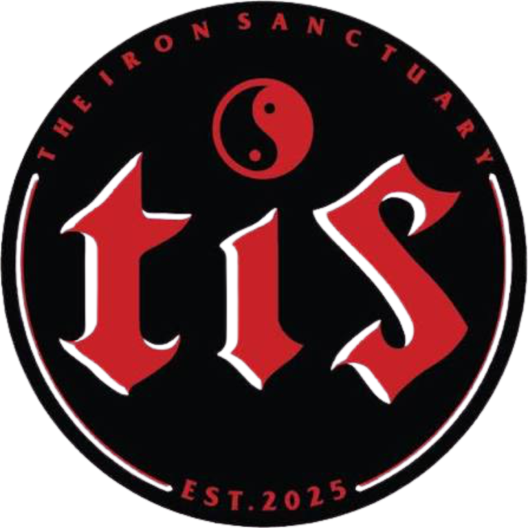 A circular logo with a black background and red text and symbols. The text reads 'the iron sanctuary' at the top and 'EST. 2025' at the bottom. In the center, there is a yin-yang symbol with the letters 'tis' in stylized red font.