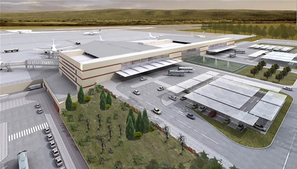 Architectural rendering of a modern airport terminal with airplanes on the tarmac, parking lots, driveways, and landscaped areas.