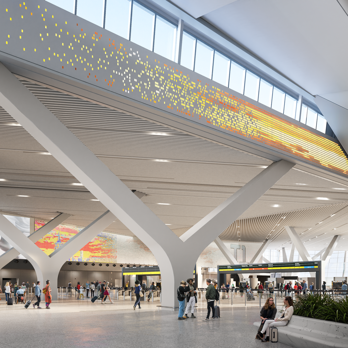 People walking and sitting at an airport terminal with a large flight information display and architecture made of white structural supports.