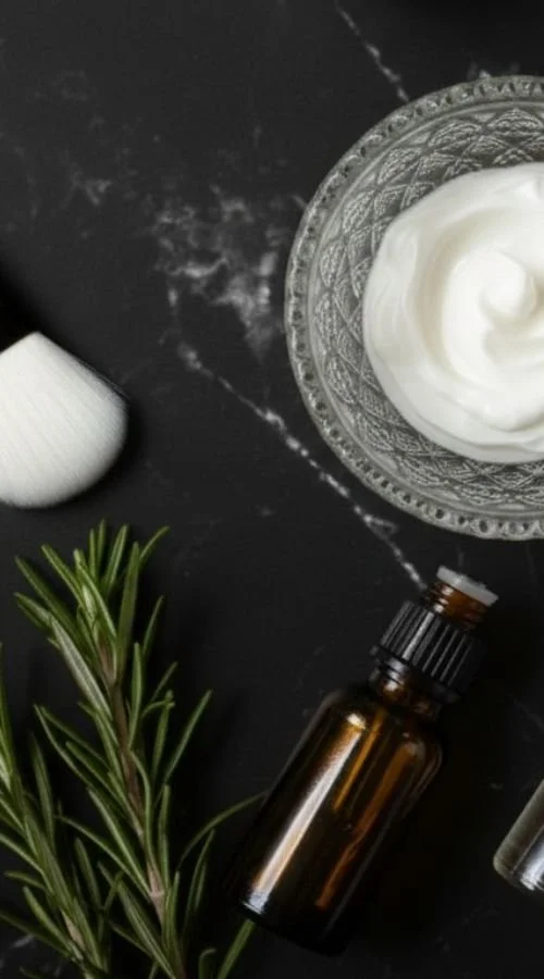 Glass bowl filled with skincare products on a black background