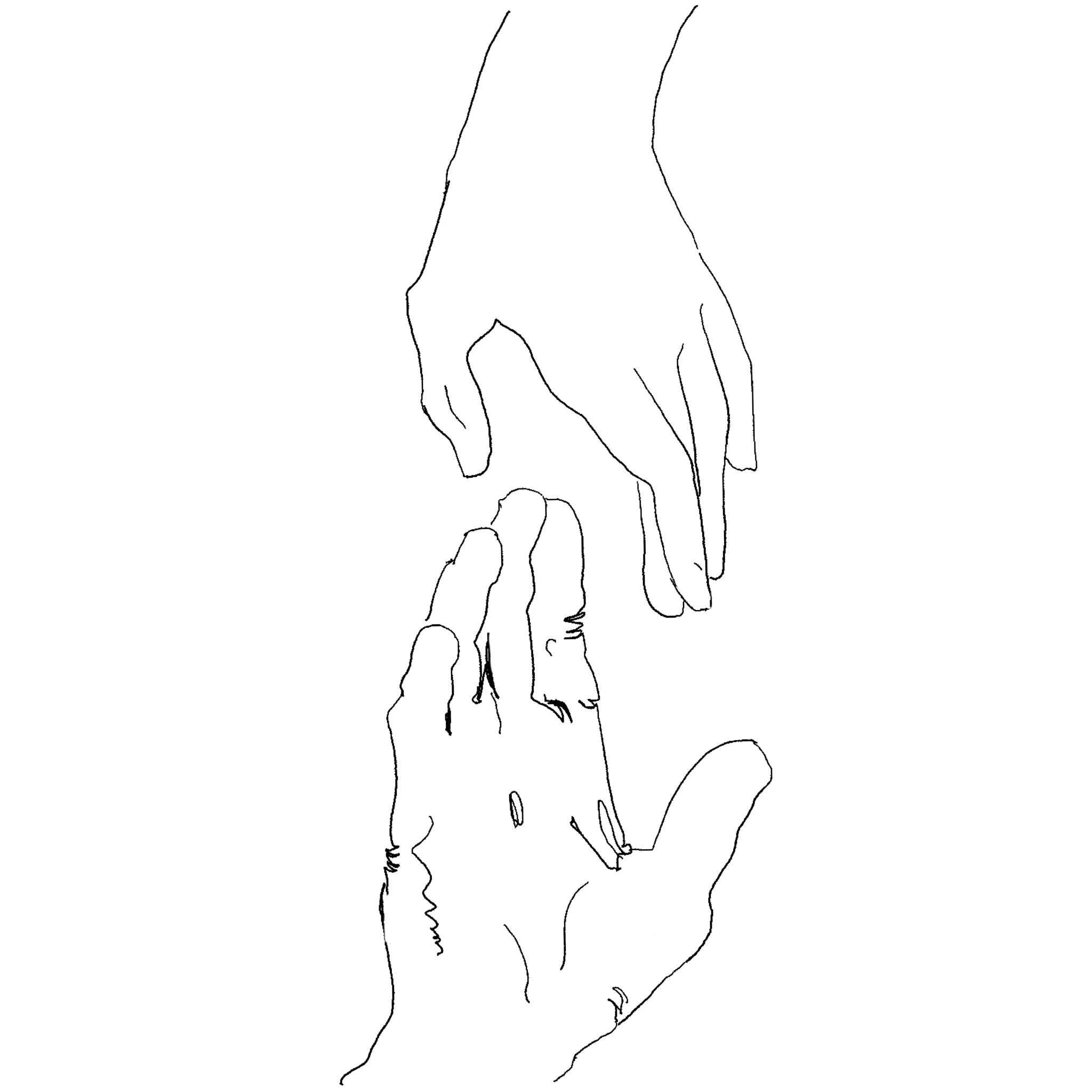 Line drawing of two hands, one reaching up to grab the other, with the other reaching down to help the other.