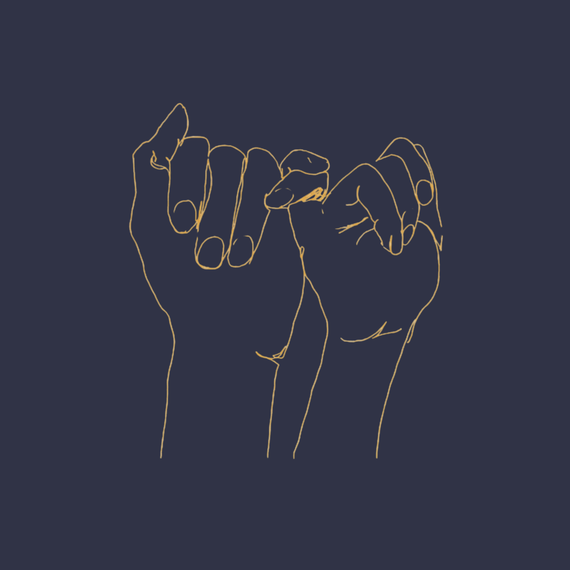 Line drawing of two hands linked by the pinky fingers.