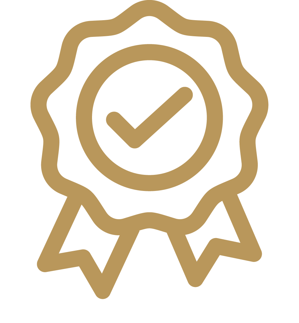 Gold award ribbon icon with a checkmark in the center.