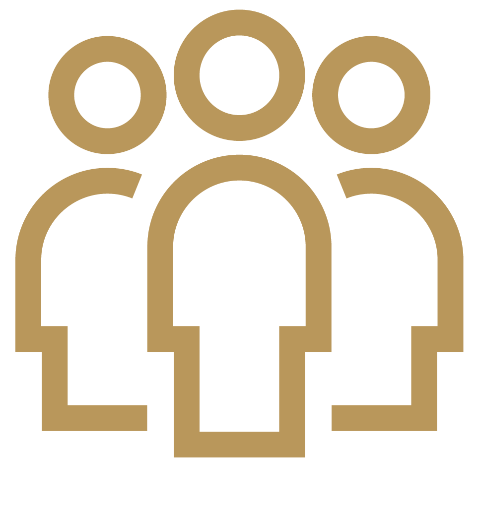 Multiple abstract human figures in gold outline forming a group.