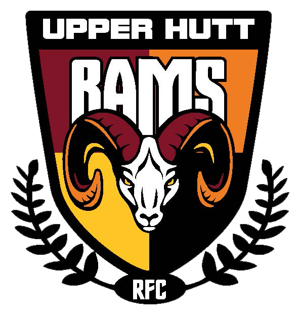 Logo of the Upper Hutt Rams Rugby Football Club featuring a ram's head, with divided background in maroon, orange, and yellow.