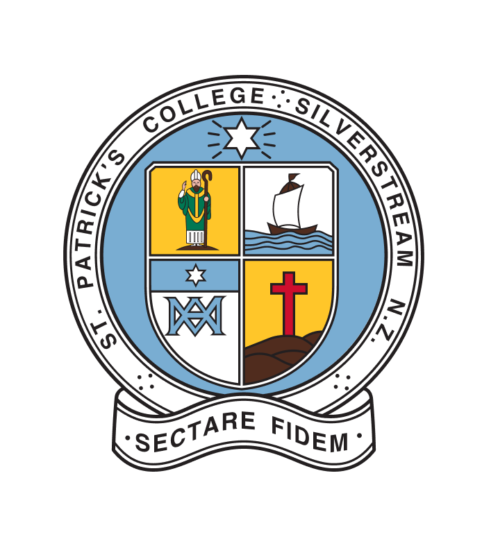 Seal of St. Patrick's College, Silverstream, featuring a pastoral staff, sailing ship, star, and cross symbols, with motto 'Sectare Fidem'.