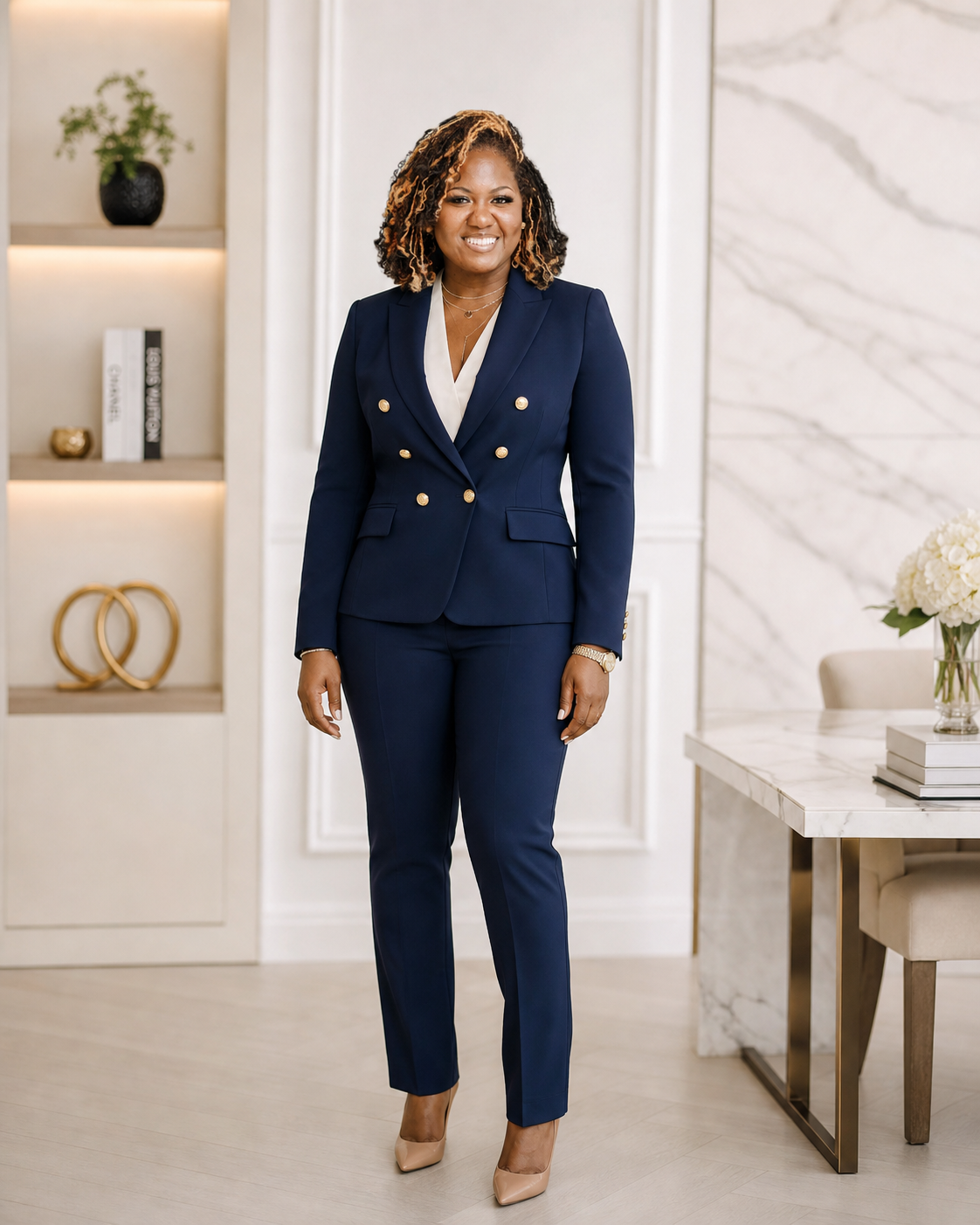 A woman in a white blazer smiling and standing in a modern office hallway.