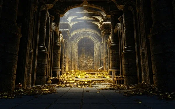 An ancient stone corridor filled with scattered gold coins and treasure.
