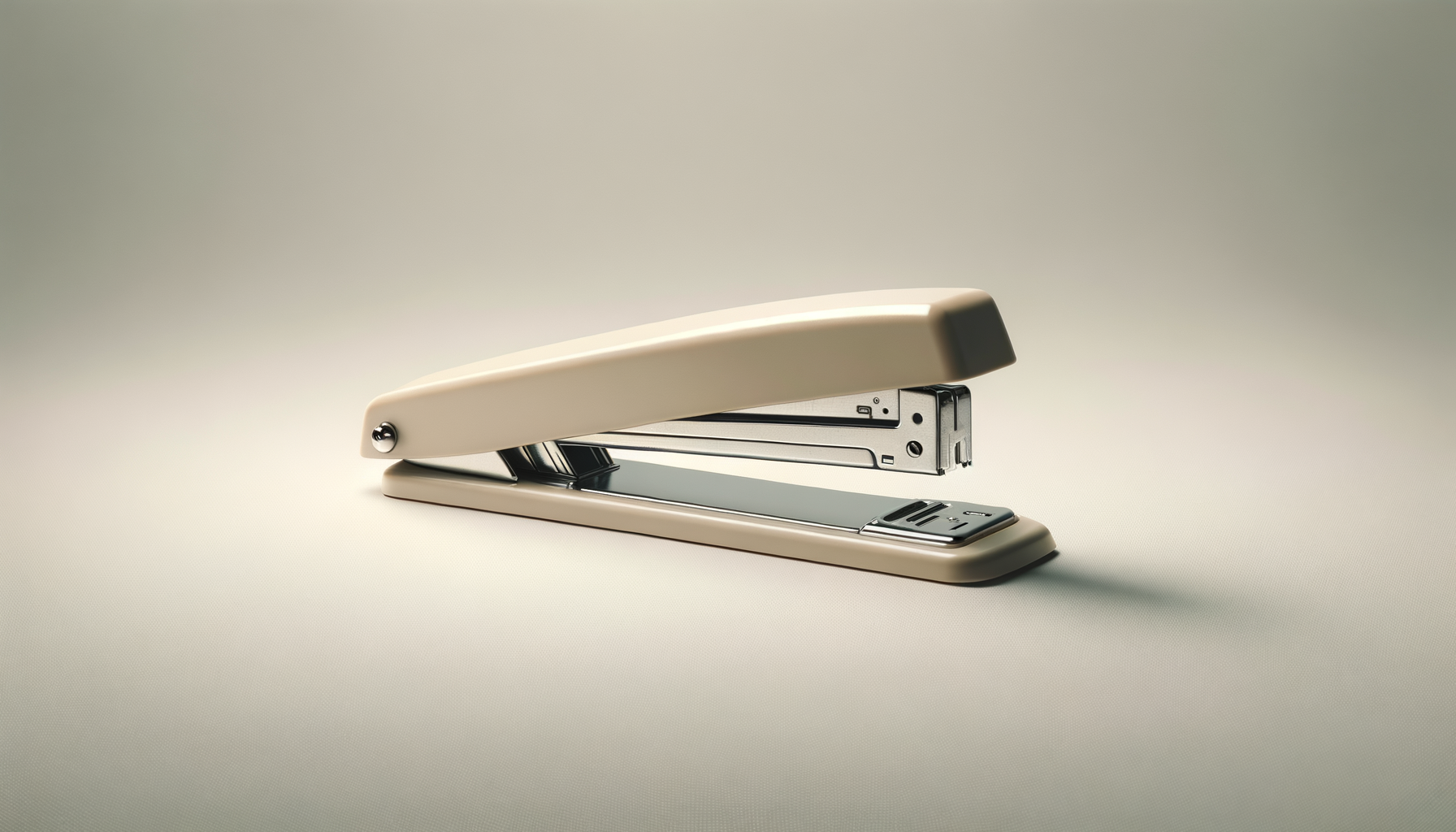 A vintage beige stapler on a light-colored surface with a plain, neutral background.
