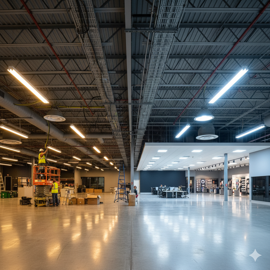 Workers installing ceiling fixtures in an industrial or retail space with a partially finished interior and bright lighting.