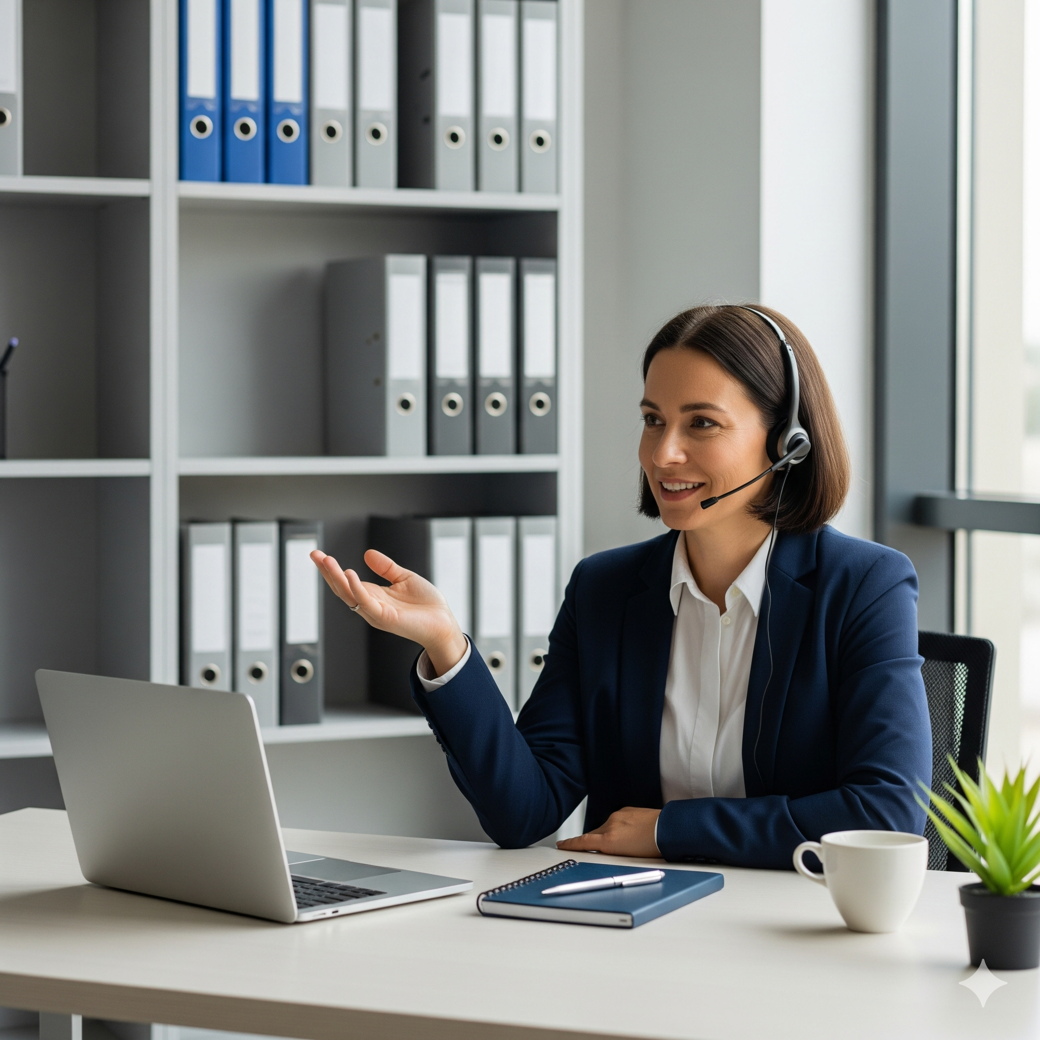 A woman with short brown hair wearing a navy blazer and white shirt, sitting at a desk in an office, wearing a headset, and gesturing while talking to someone on a video call. There is a laptop, notebook, pen, coffee mug, and a small potted plant on the desk, with shelves of binders in the background.