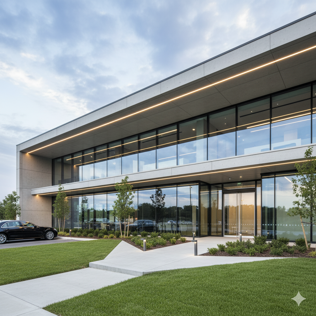 Modern two-story office building with glass windows, surrounded by green grass and small trees, parking lot with cars, clear sky in the background.