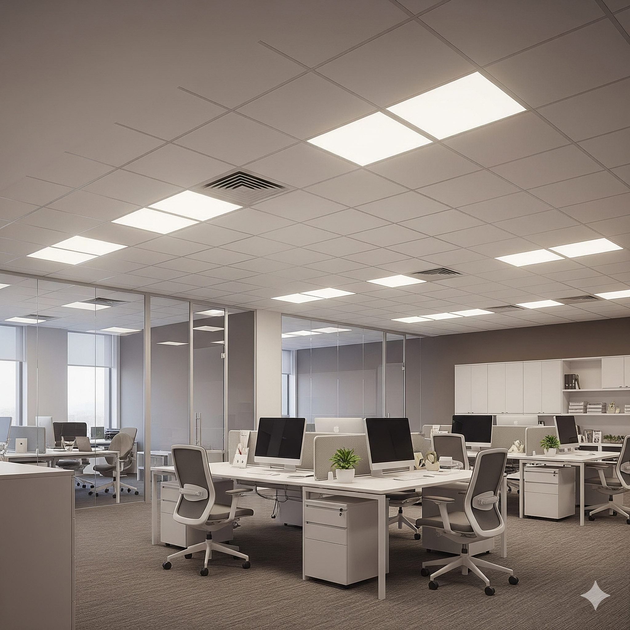 Modern office with white desks, grey chairs, desktop computers, potted plants, and glass walls, with bright overhead lighting.