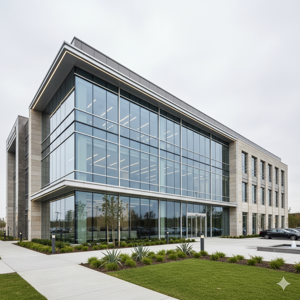 Modern office building with large glass windows, landscaped green area, and parked cars outside, overcast sky.