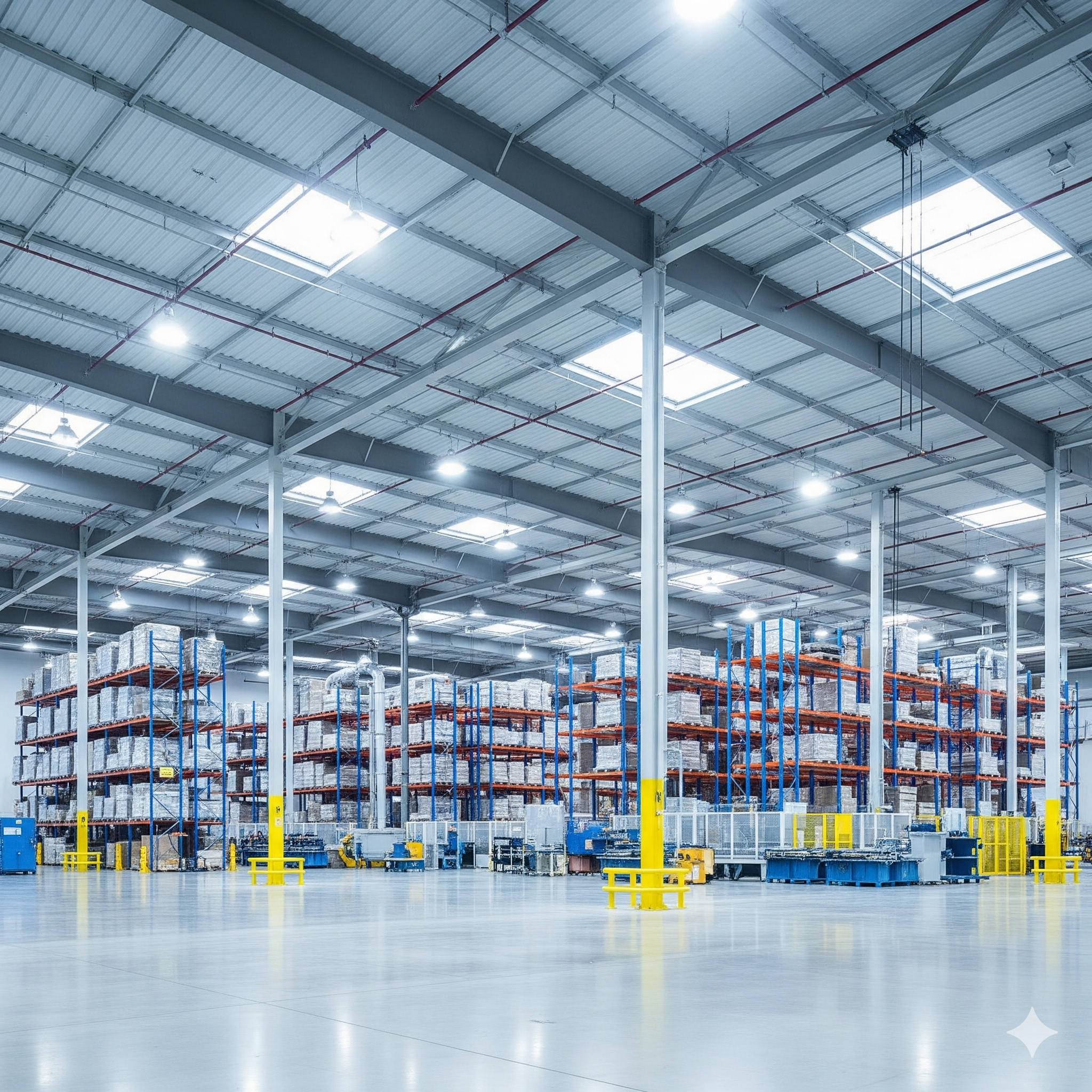Empty warehouse with high shelves stocked with boxes and industrial equipment, brightly lit with overhead lights.