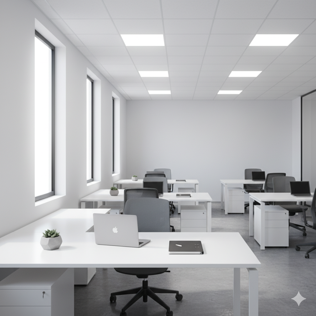 An empty modern office with white desks, grey office chairs, laptops, and small potted plants, with large windows and a white ceiling with built-in lighting.