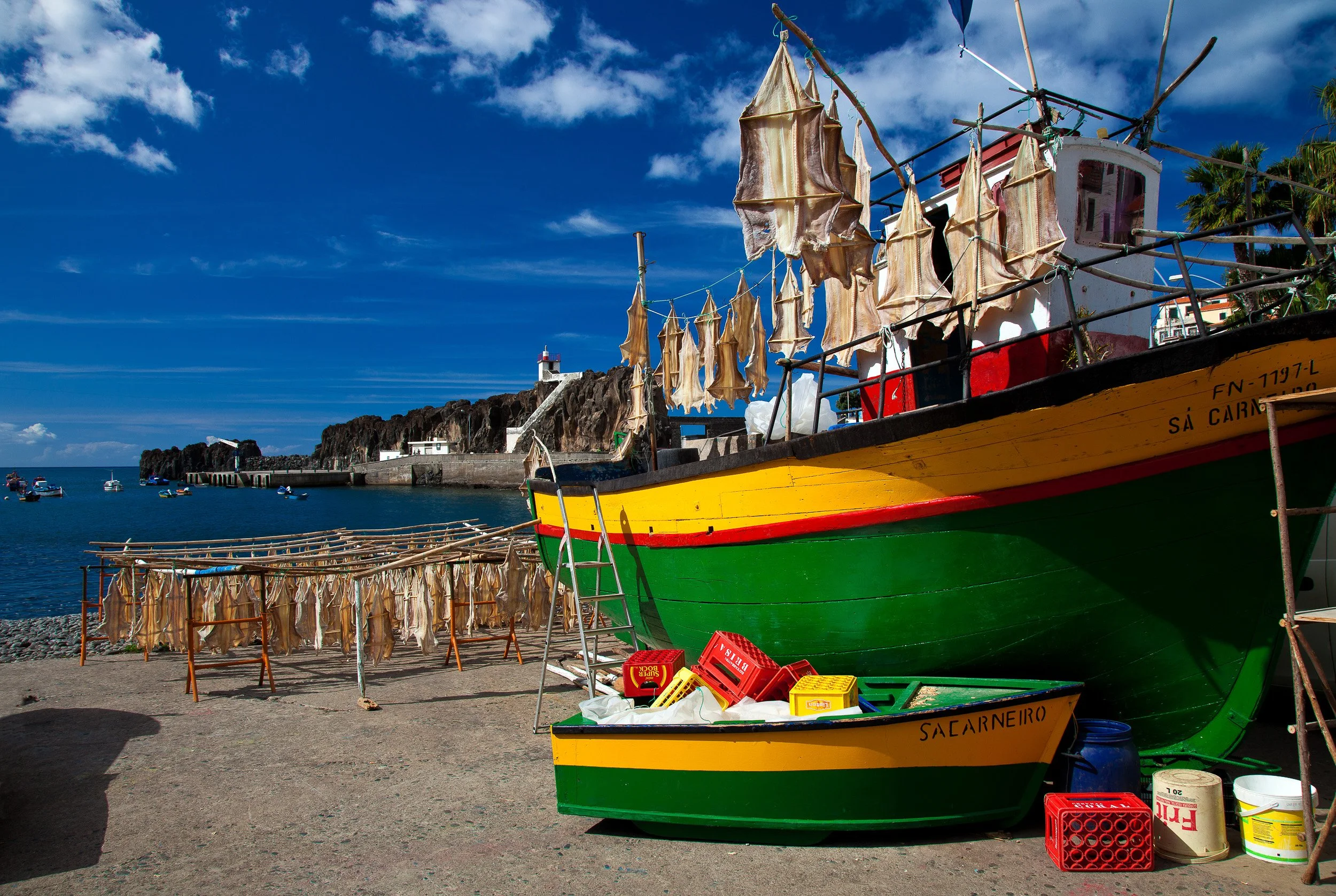 Colourful boats and drying fish in Câmara de Lobos, with the harbour, cliffs and whitewashed houses creating a strong sense of local fishing life.