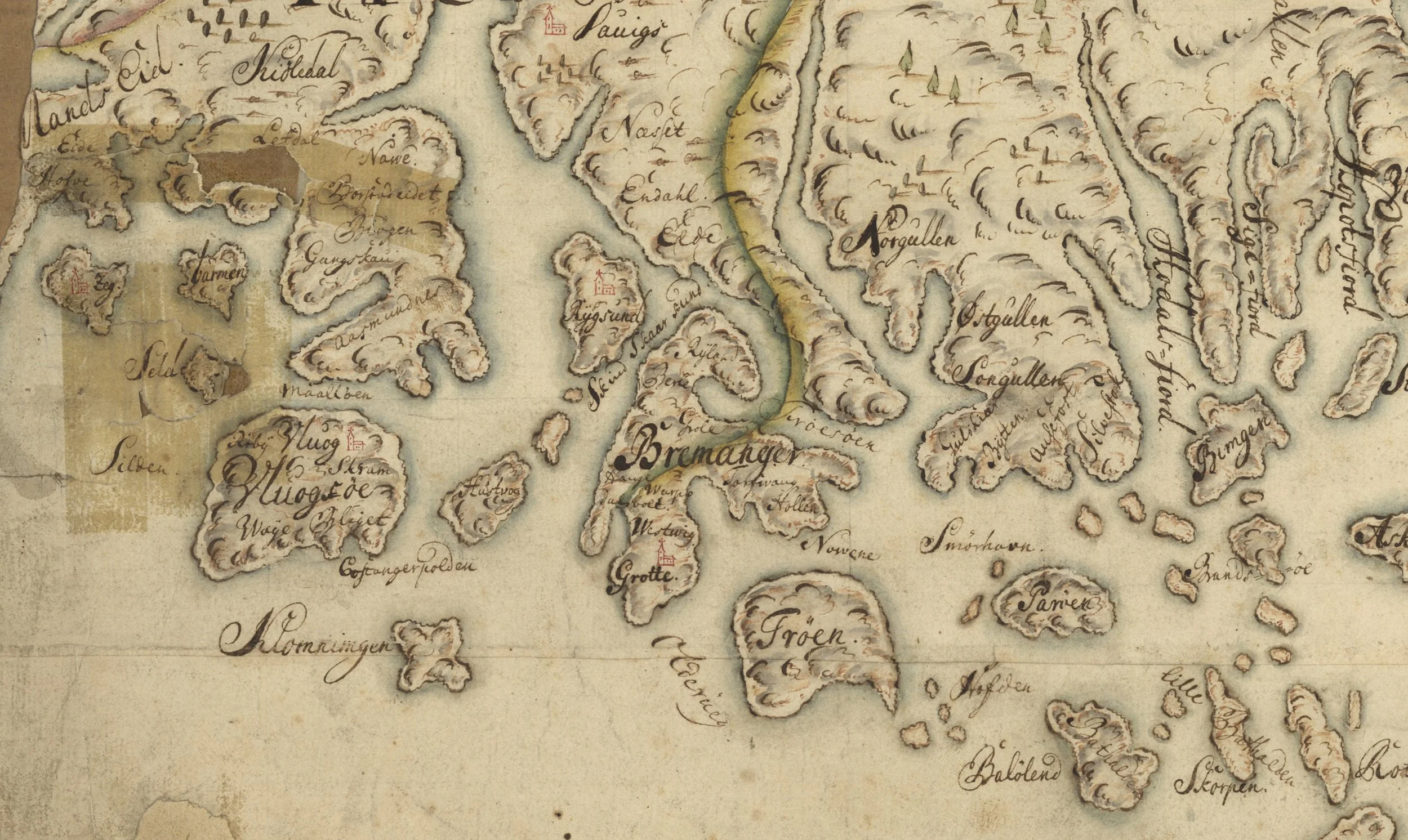 Detaljutsnitt fra historisk kart over Bergenhus stift, med ytre Nordfjord, Vågsøy, Bremanger og Husevågøy-området.