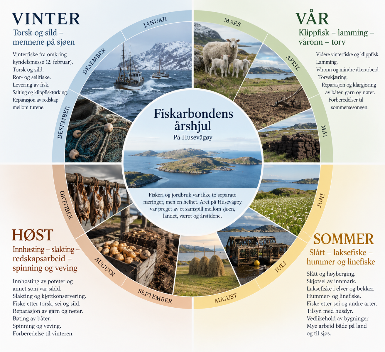 Illustrert årshjul for fiskarbondelivet i Husevåg på 1800-tallet, med sesongarbeid innen fiske, jordbruk og hushold gjennom vinter, vår, sommer og høst.