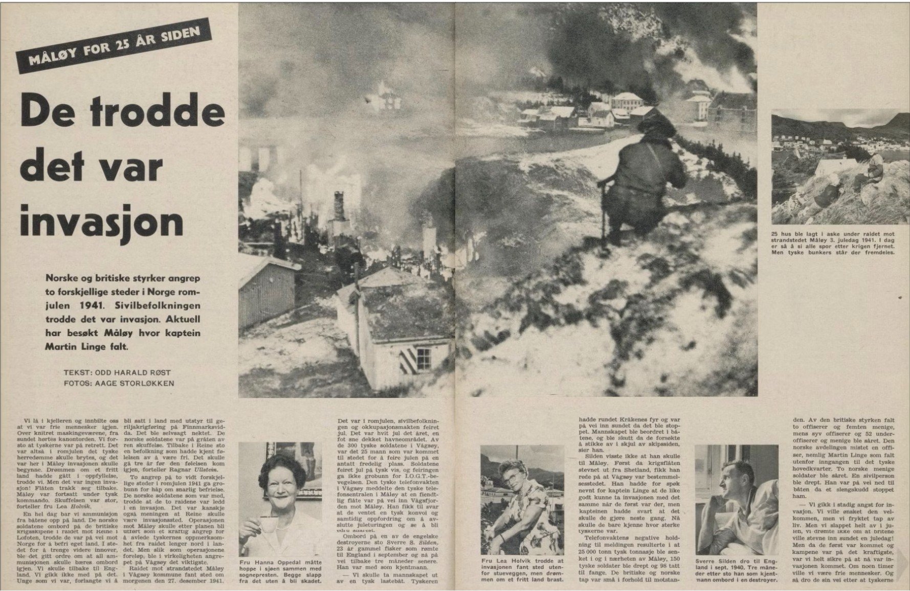 Faksimile av et avisoppslag i Fjordenes Tidende om Måløyraidet i romjulen 1941, med overskriften «De trodde det var invasjon», historiske bilder fra Måløy under angrepet og omtale av sivile, branner og krigshandlingene ved Ulvesundet.
