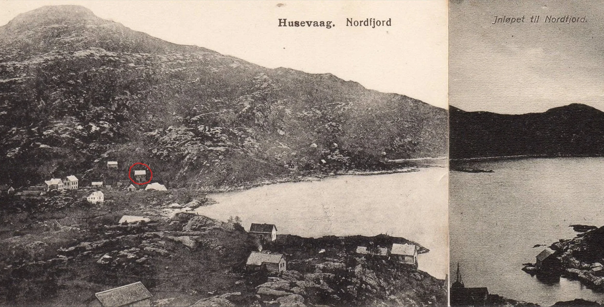 Historisk oversiktsbilde av Husevåg tidlig på 1900-tallet før moloen ble bygget, med våningshuset på Stigen markert med rød sirkel og fjøsen synlig litt til venstre og bak huset.