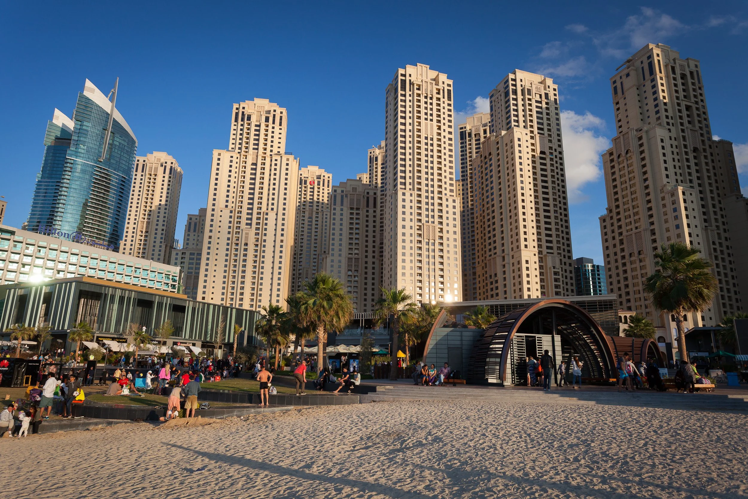 Late afternoon light over the beach and high-rise waterfront of JBR, Dubai.