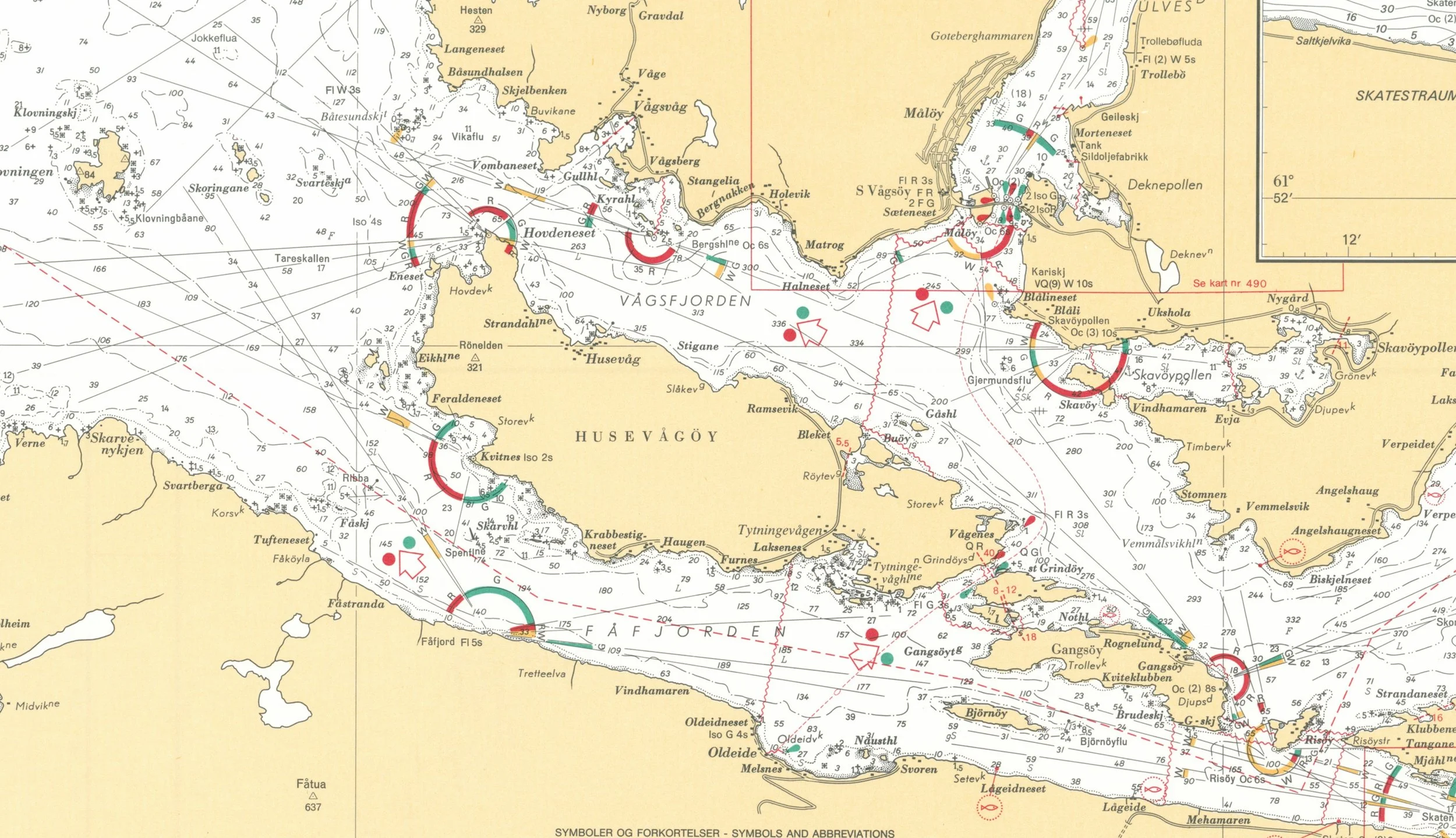 Detaljutsnitt fra sjøkart fra 2001 med Husevågøy, Husevåg, Tytingvåg, Krabbestig, Ramsevik, Hovdeneset, Vågsfjorden og Fåfjorden.