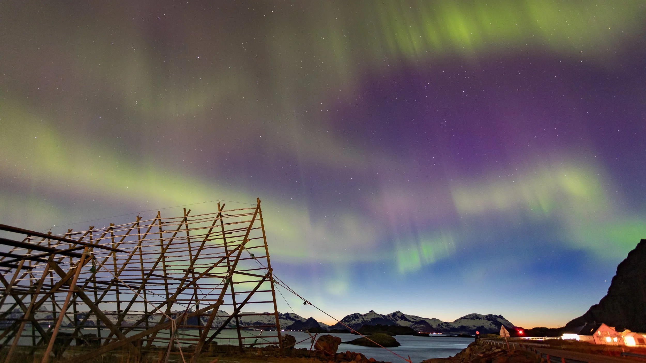 Northern Lights over Henningsvær in Lofoten, Norway – green and violet aurora above wooden fish-drying racks, snow-covered mountains and the Arctic coast.