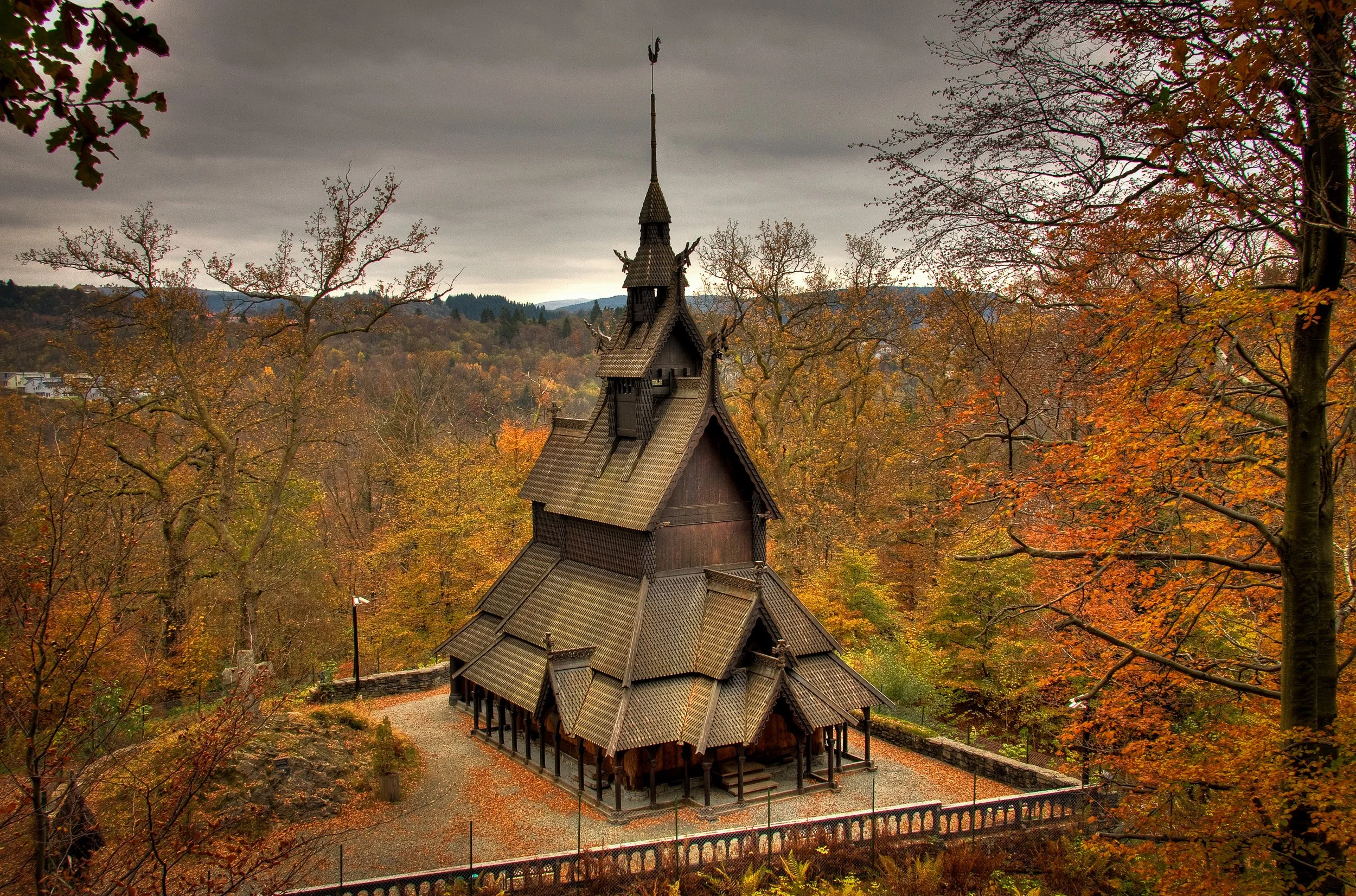 Fantoft Stave Church near Bergen — a faithful reconstruction, rebuilt after the 1992 fire, of a medieval stave church originally built in Fortun around the mid-12th century and moved to Fantoft in 1883
