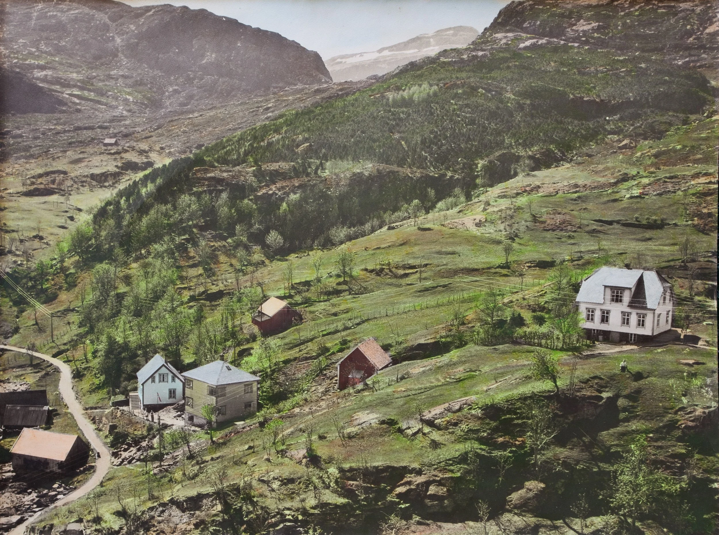 Gårdslandskap i Husevåg – historisk flyfoto av hus, tun, innmark og det bratte landskapet som omgir bygda. De små og ujevne jordstykkene viser hvor arbeidskrevende jordbruket kunne være på en liten kystøy, der slått, dyrehold og sjøbruk ofte måtte ko