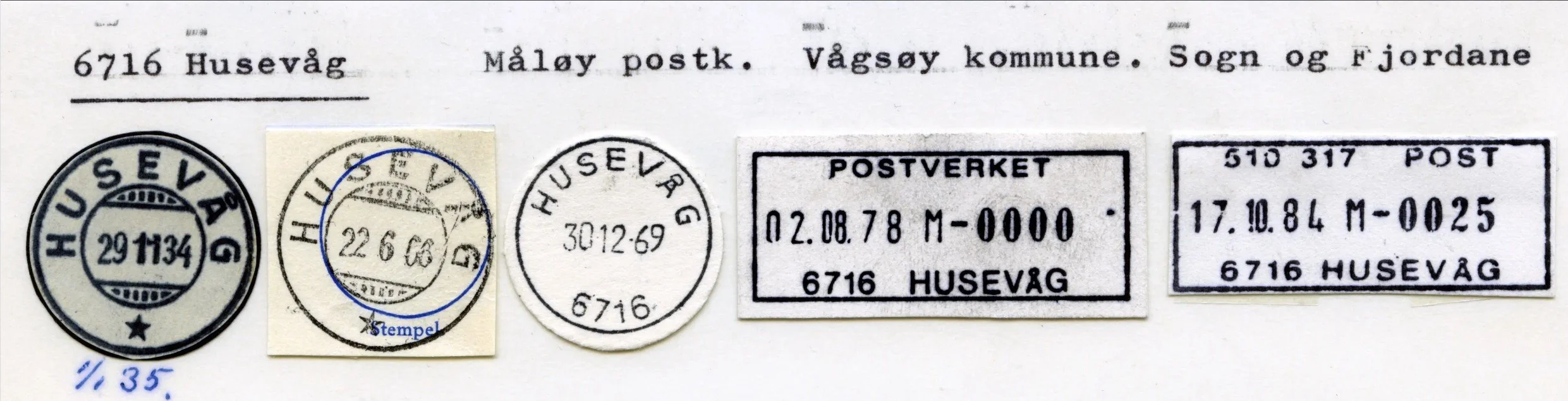 Skannet stempelkatalog med avtrykk av poststempel for Husevåg, registrert under Måløy postkontor i Vågsøy kommune.