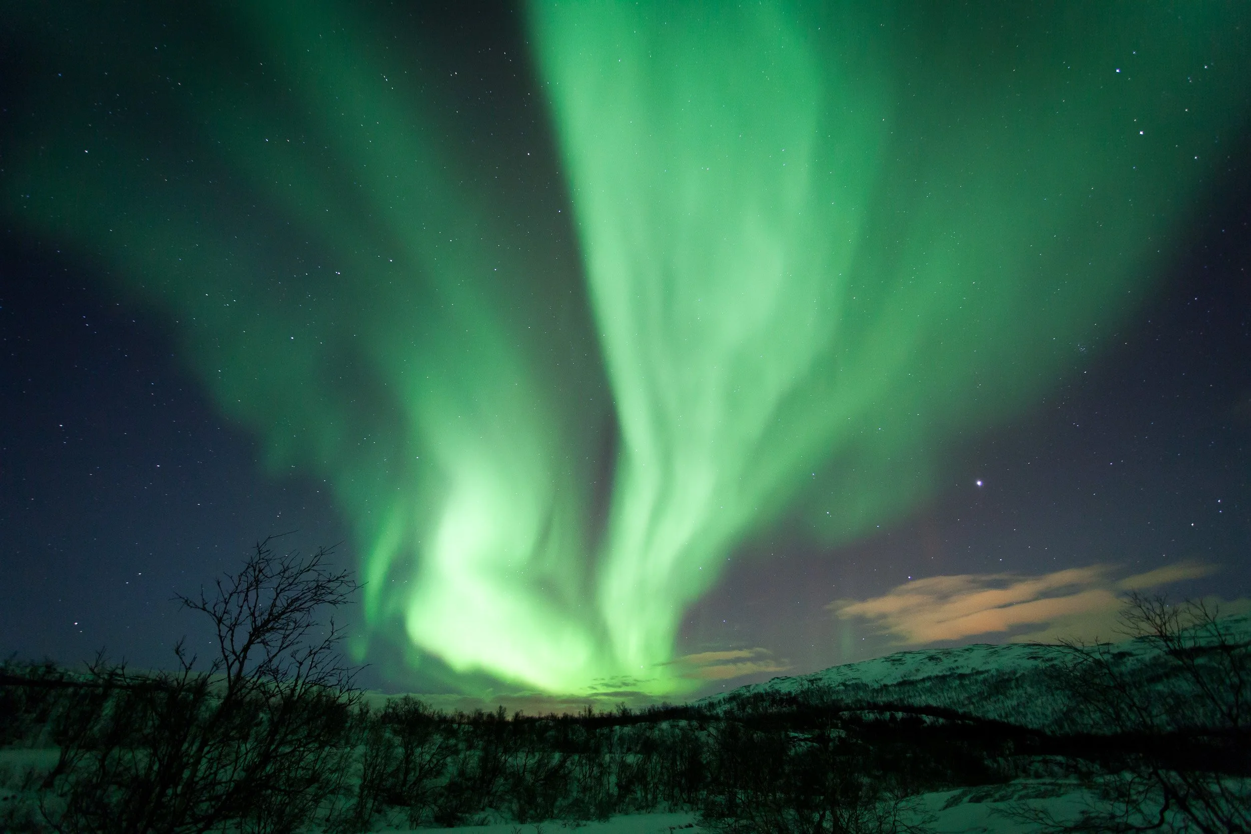 Soft waves of aurora borealis drift across the winter sky at Ringvassøya outside Tromsø, painting the low mountains and frozen ground with a gentle green glow.