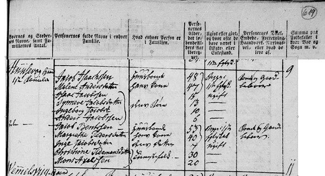 Skannet utsnitt fra folketellingen 1801 med den håndskrevne oppføringen «Huusevog Gaard», der elleve personer er registrert i to familier.