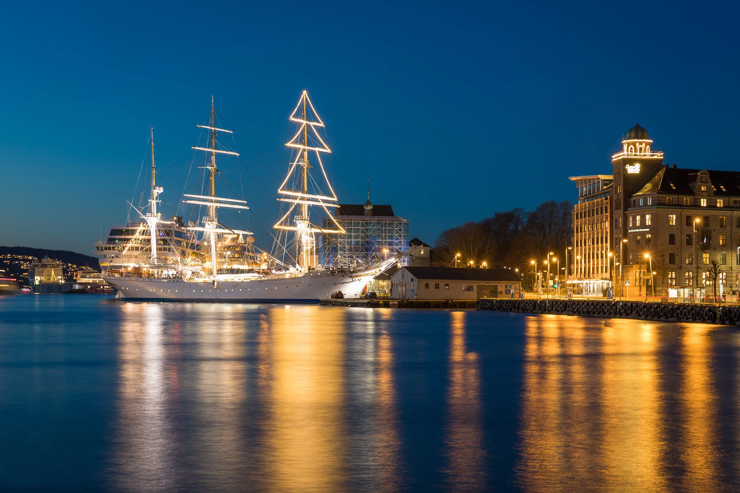 Tall ship Statsraad Lehmkuhl sails from Bergen, Norway