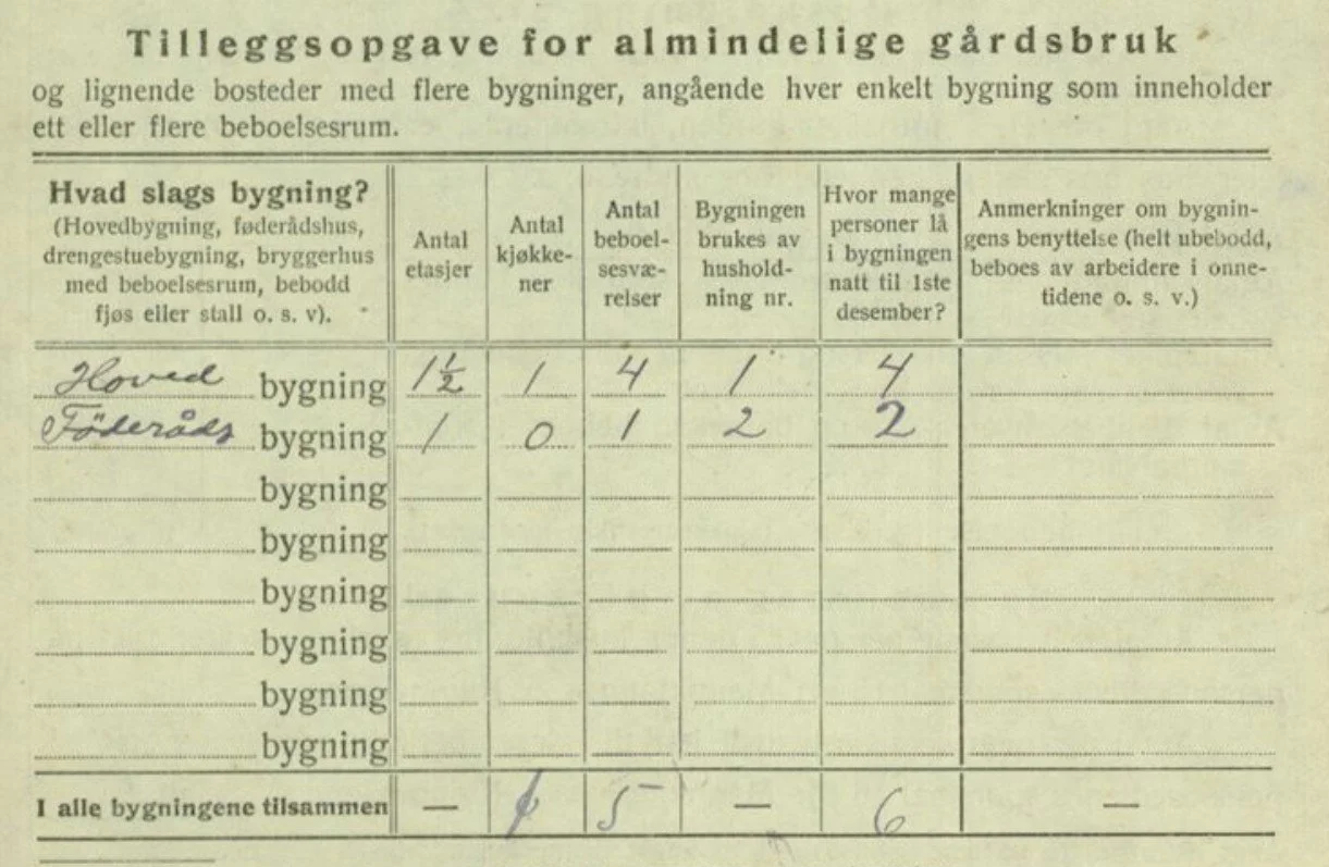 Skjema fra folketellingen 1920 som viser hovedbygningen på Stigen med 1½ etasje, ett kjøkken, fire beboelsesrom og fire beboere, samt en føderådsbygning med ett rom og to beboere.