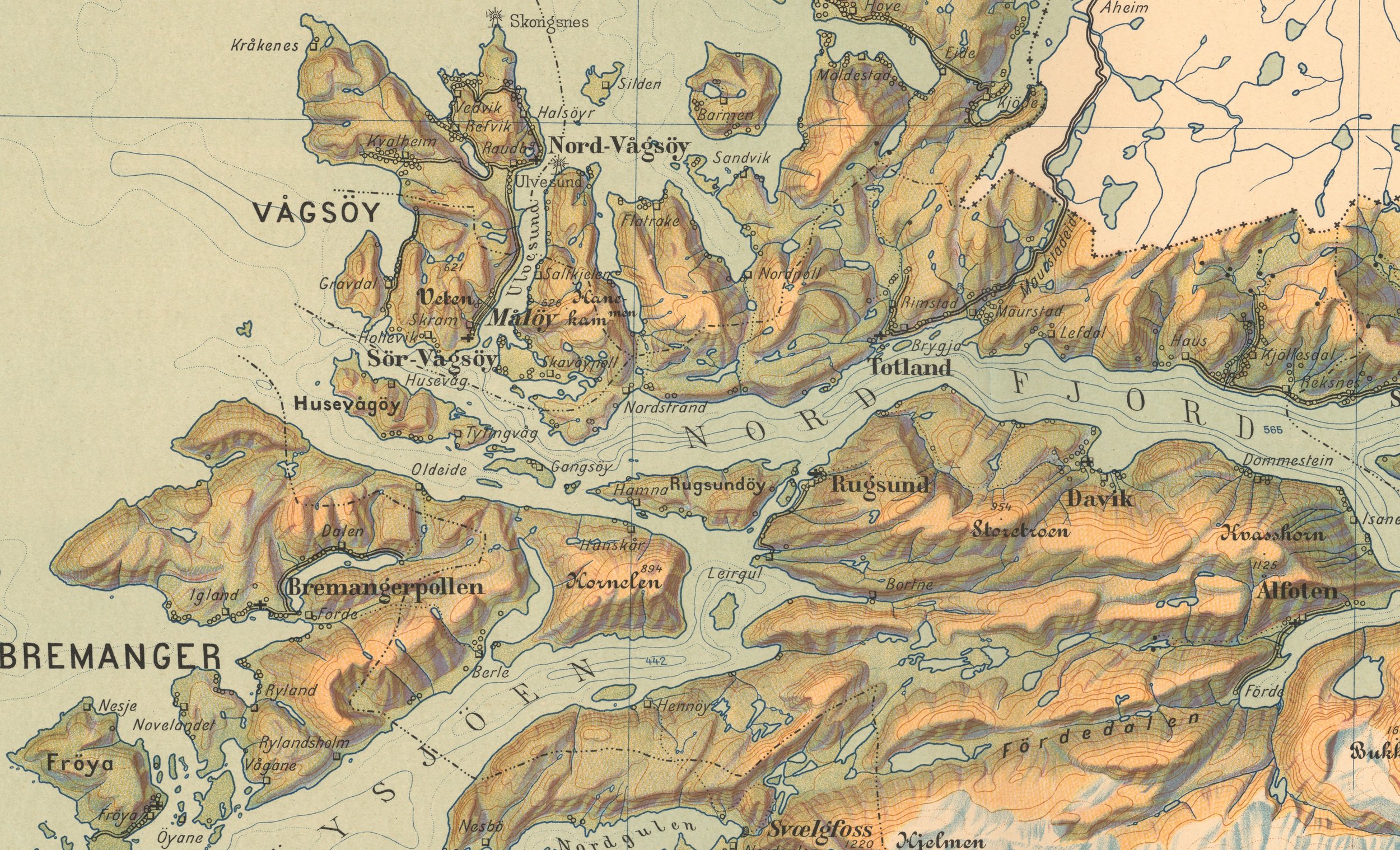 Detaljutsnitt fra skulekart over Sogn og Fjordane fra 1927, med Husevågöy, Husevåg, Tytingvåg, Vågsøy, Nordfjord og Bremanger.