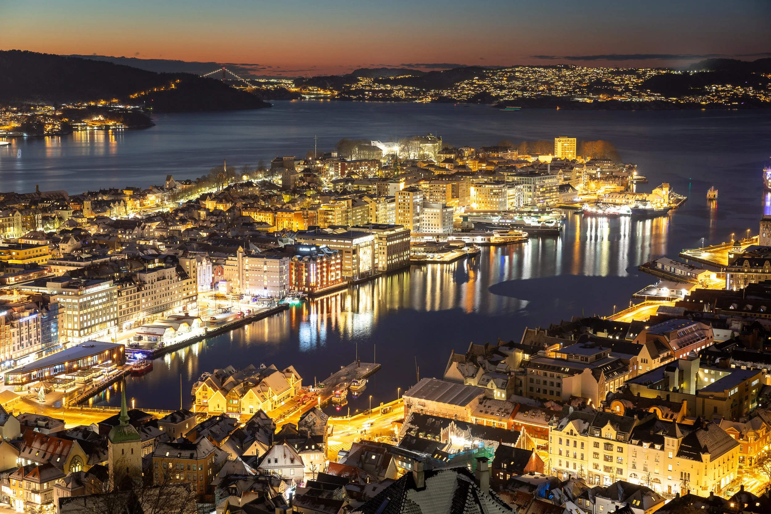 Bergen city center and harbor—winter sunset showing the city at its best, Norway