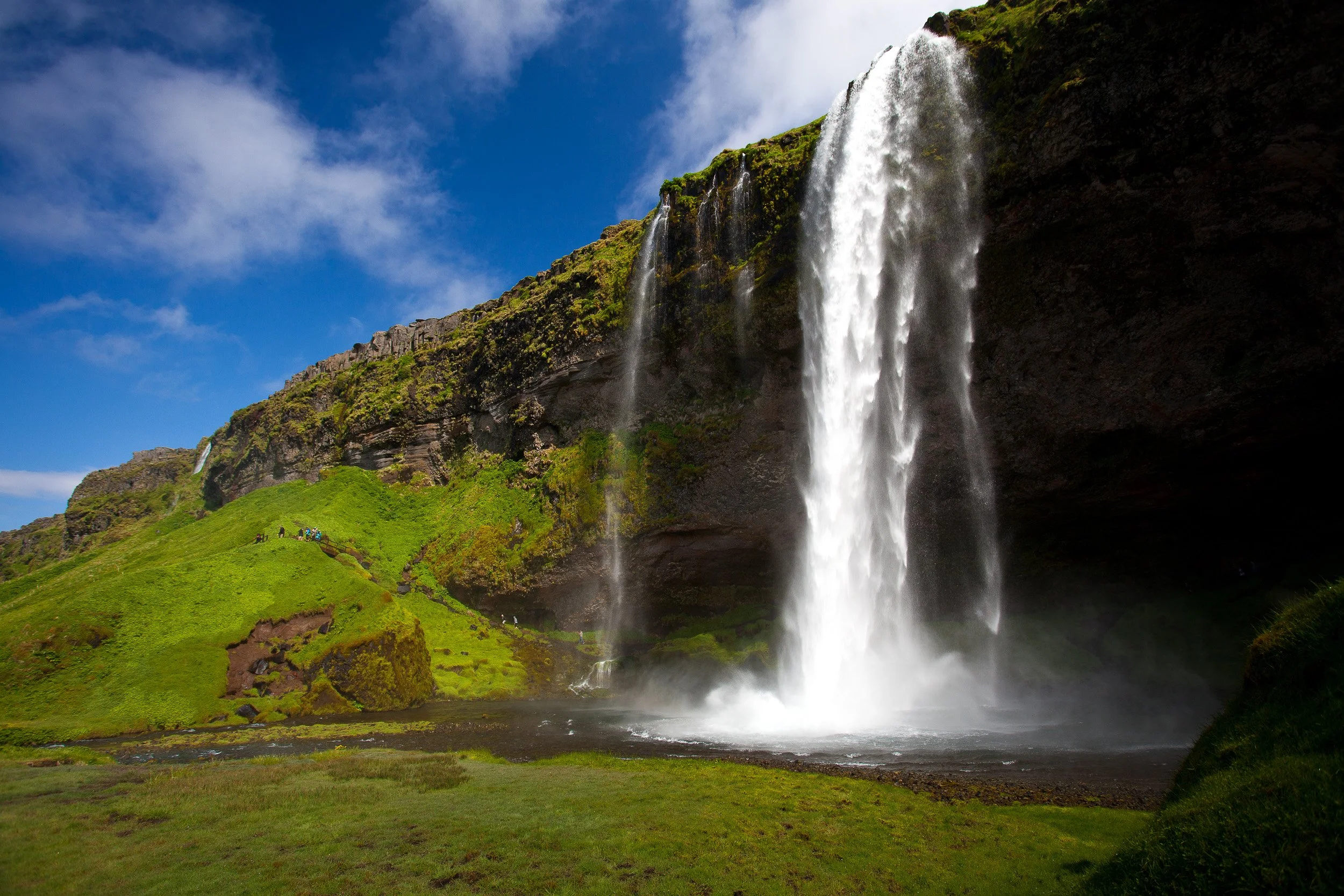 Seljalandsfoss — a bright white ribbon of water dropping from a cliff of green, the spray turning sunlight into a fine, floating veil.