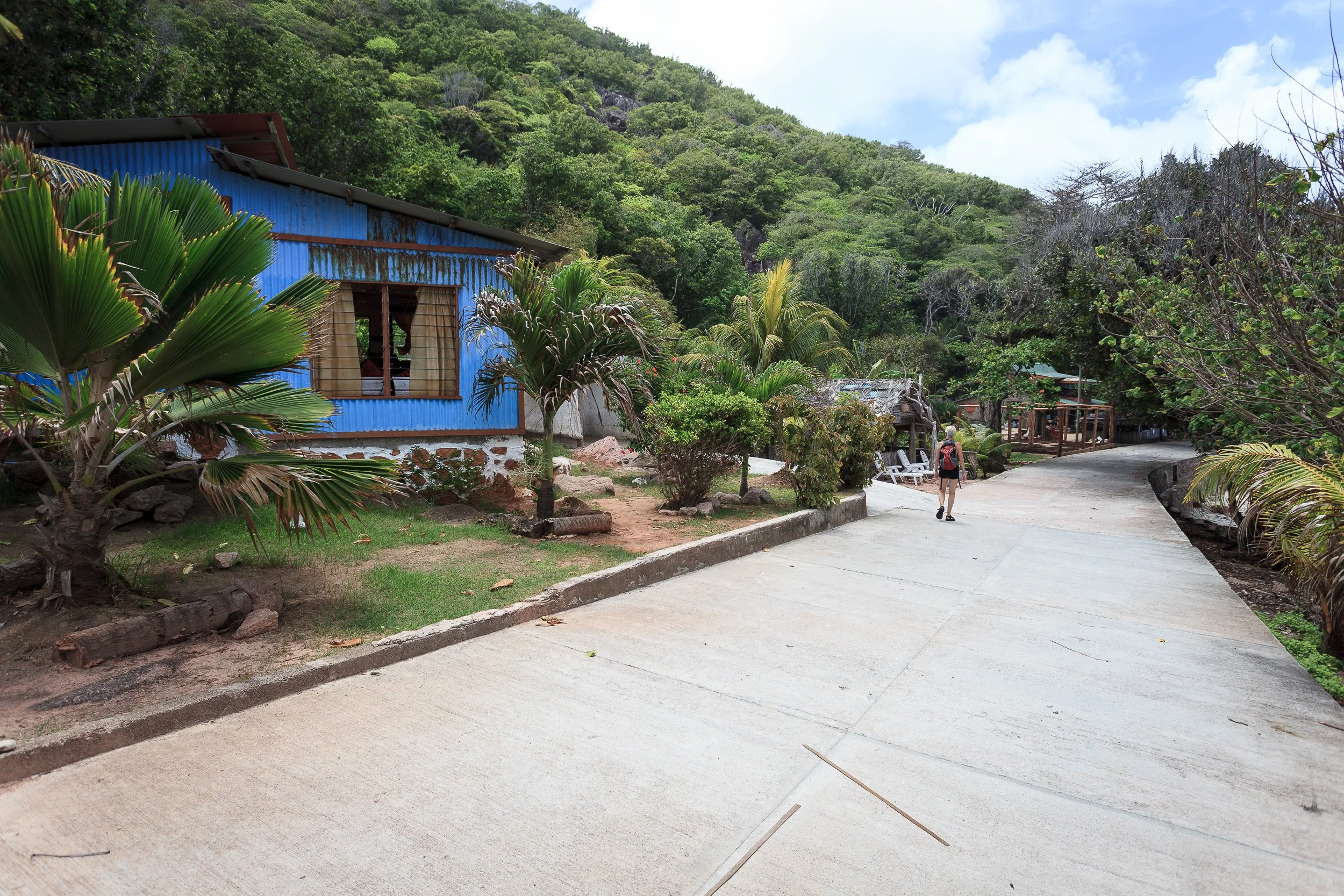 Local life on La Digue – simple blue wooden house, palm trees and a quiet concrete lane with a visitor walking between the jungle-covered hills.