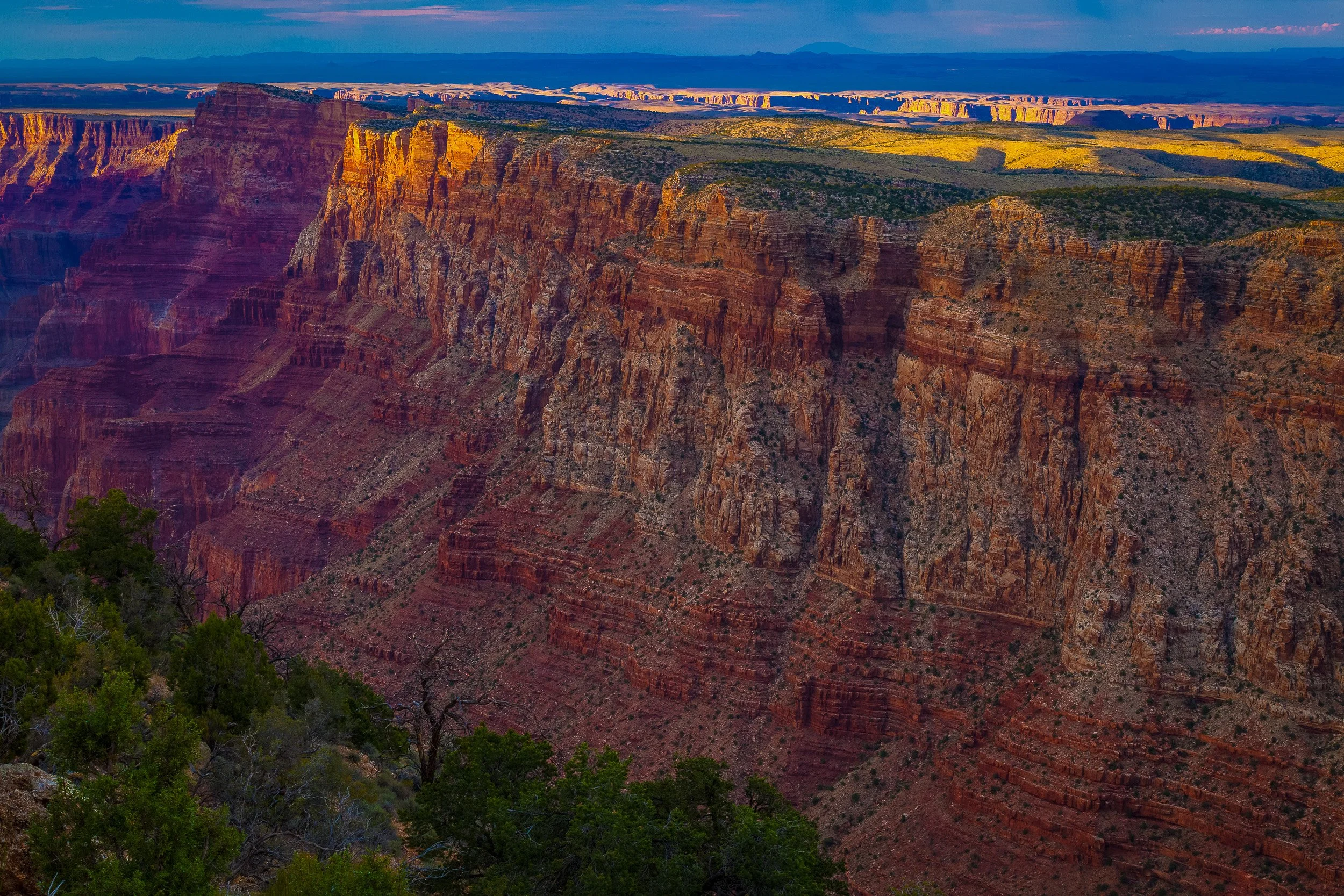 Evening light on the canyon walls of the Grand Canyon, Arizona.
