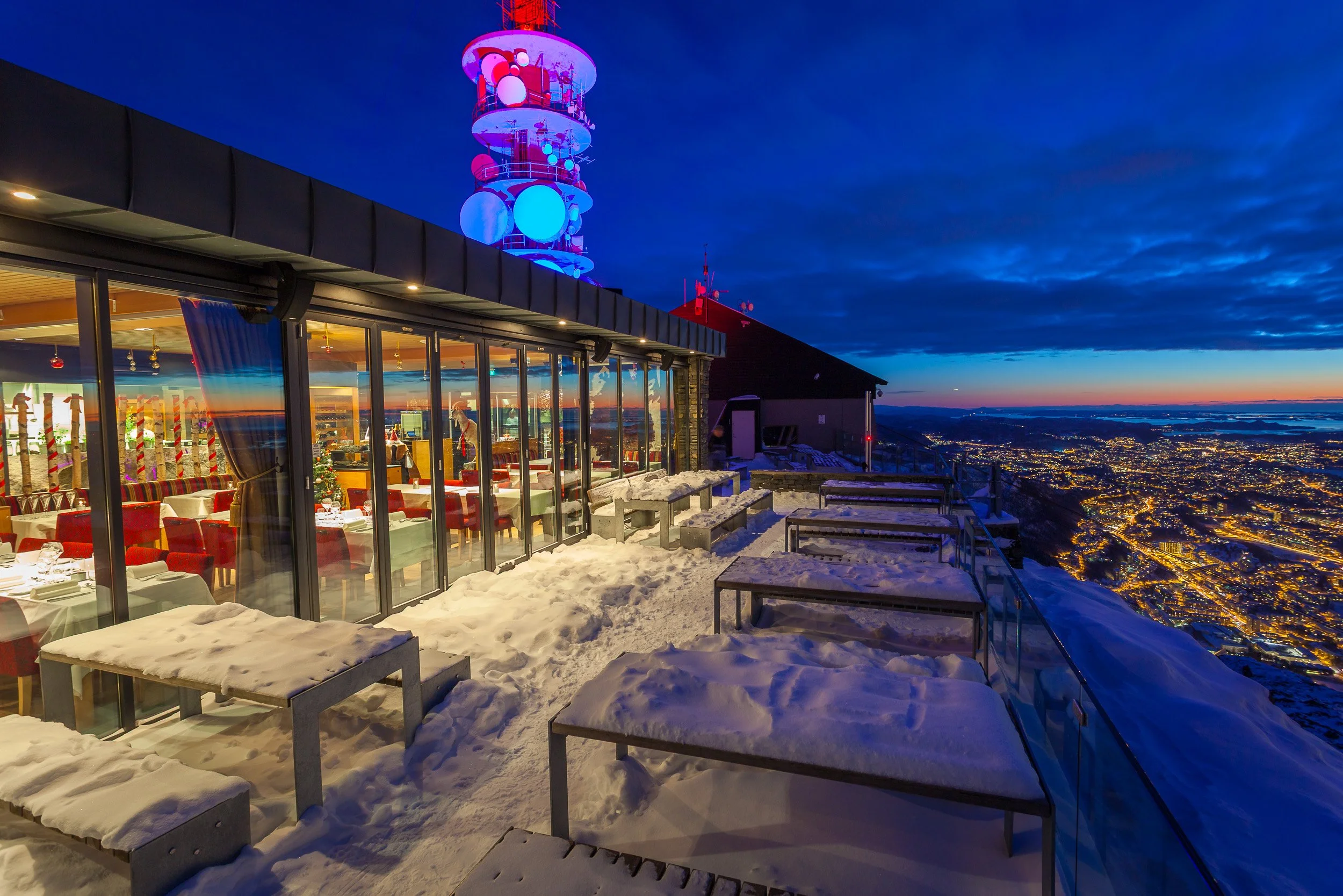 Skyskraperen Restaurant, Mt. Ulriken (643m)—winter view over Bergen, Norway.