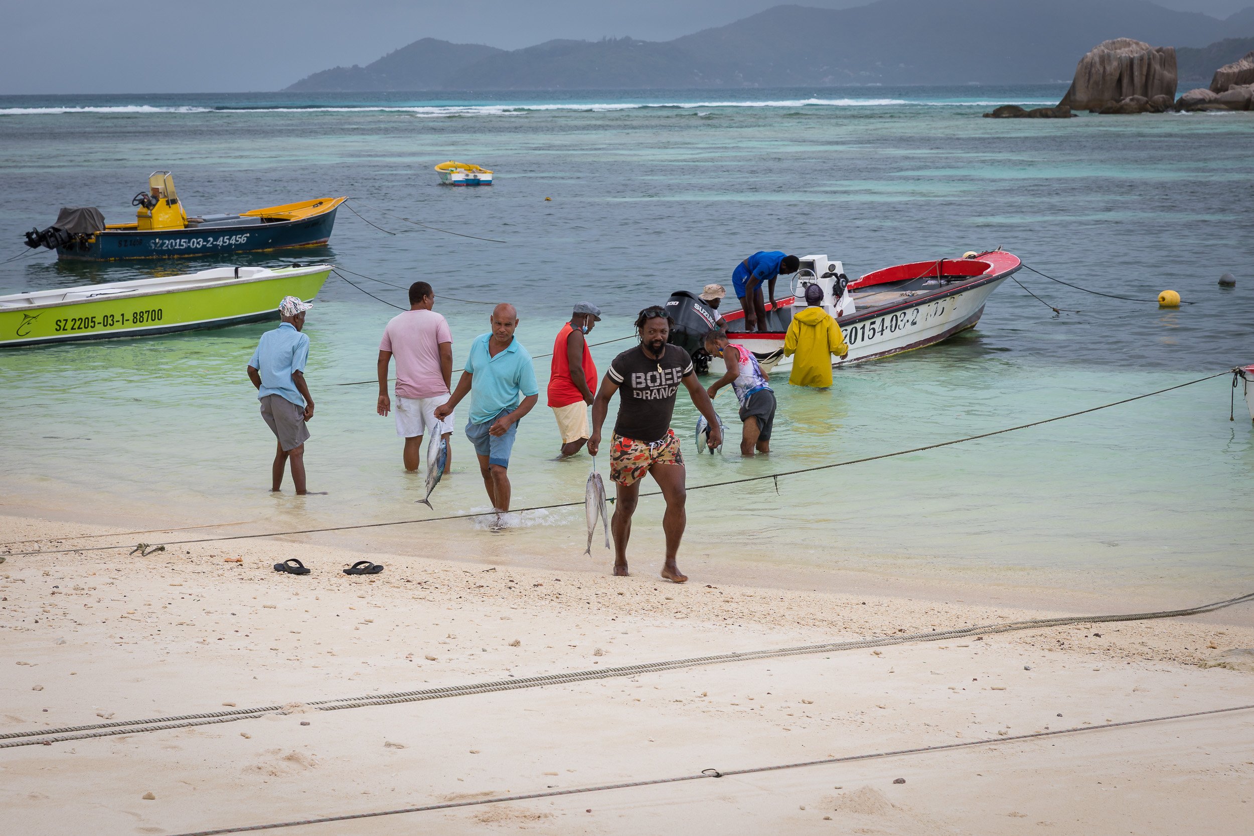 Local fishermen landing their catch on a sandy beach on La Digue, carrying fresh fish from colourful boats in shallow turquoise water with Praslin islands in the background.