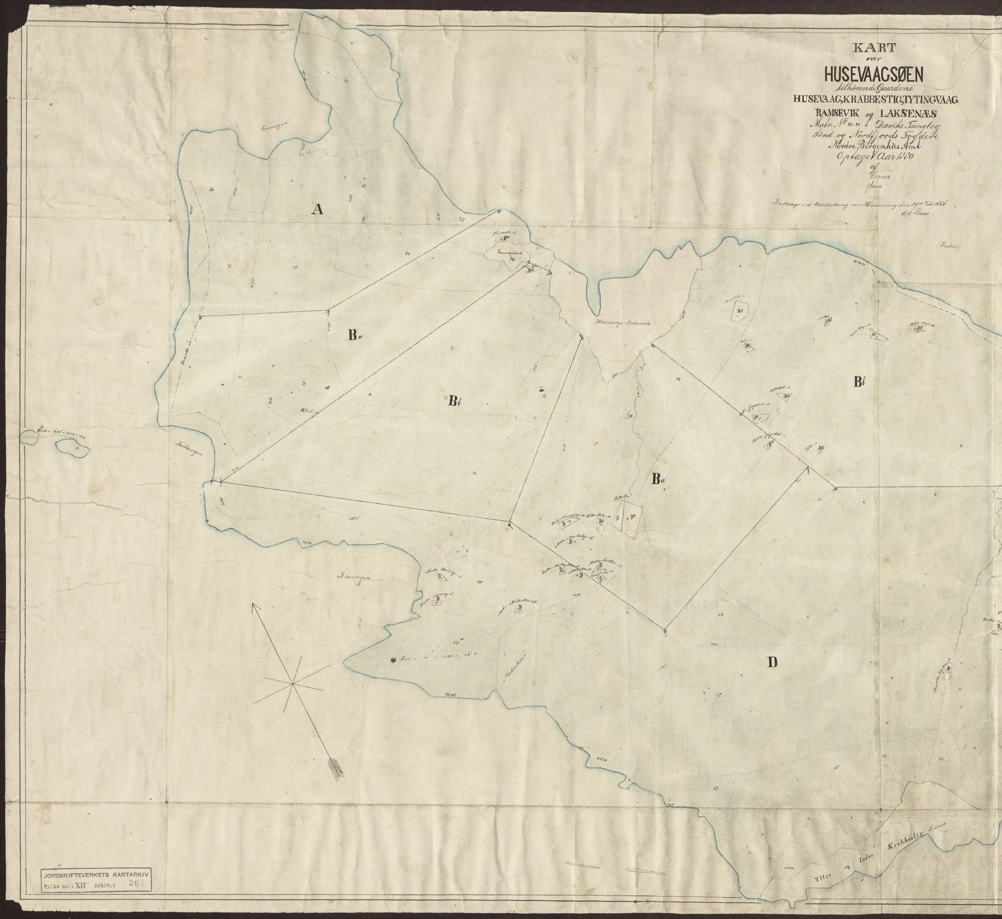 Historisk utskiftningskart fra 1880 over Husevåg og omkringliggende utmark, med inntegnede grenser, terrengdetaljer og bokstavmerkede områder.